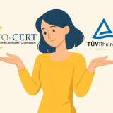 Eine Frau die über ihren Händen die Logos von TÜV und ICO-Cert hat.