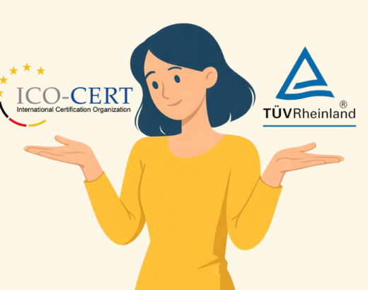 Eine Frau die über ihren Händen die Logos von TÜV und ICO-Cert hat.