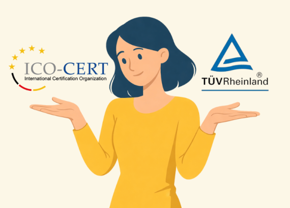 Eine Frau die über ihren Händen die Logos von TÜV und ICO-Cert hat.