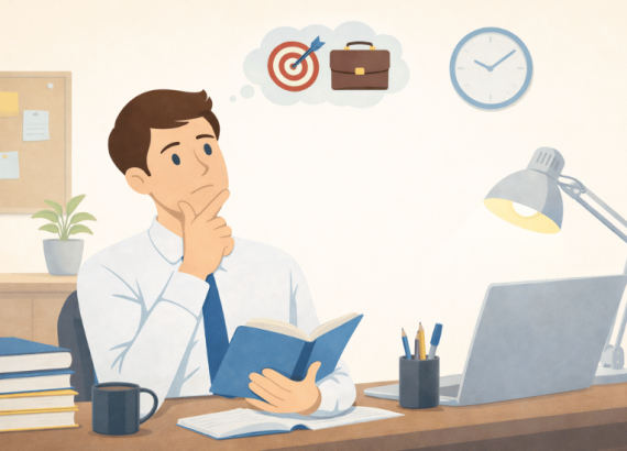 Ein Mann der an seine Weiterbildung IT-Sicherheit denkt und an einem Schreibtisch sitzt.