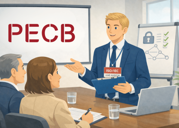 Ein PECB ISO/IEC 27001 Lead Auditor führt in einem Büro ein Audit durch