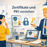 Illustration einer Erklärung von Zertifikaten und PKI mit Zertifikat, Schloss und Schlüssel zwischen zwei Personen als Symbol für Vertrauens und Verschlüsselungskette