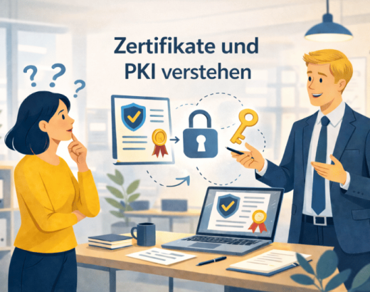 Illustration einer Erklärung von Zertifikaten und PKI mit Zertifikat, Schloss und Schlüssel zwischen zwei Personen als Symbol für Vertrauens und Verschlüsselungskette