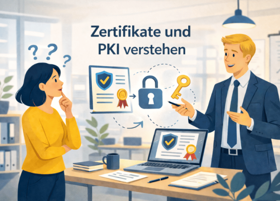 Illustration einer Erklärung von Zertifikaten und PKI mit Zertifikat, Schloss und Schlüssel zwischen zwei Personen als Symbol für Vertrauens und Verschlüsselungskette