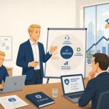 Teammeeting zu IT Service Management im FitSM Start-up Kontext mit Präsentation von FitSM Prozessen, wachsender Performance Grafik und Fokus auf Sicherheit und Skalierung