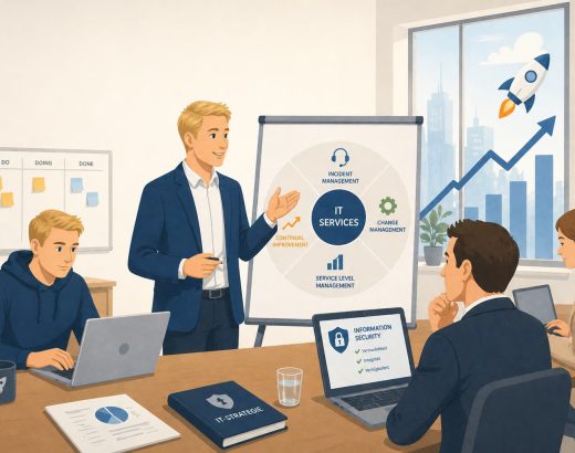 Teammeeting zu IT Service Management im FitSM Start-up Kontext mit Präsentation von FitSM Prozessen, wachsender Performance Grafik und Fokus auf Sicherheit und Skalierung