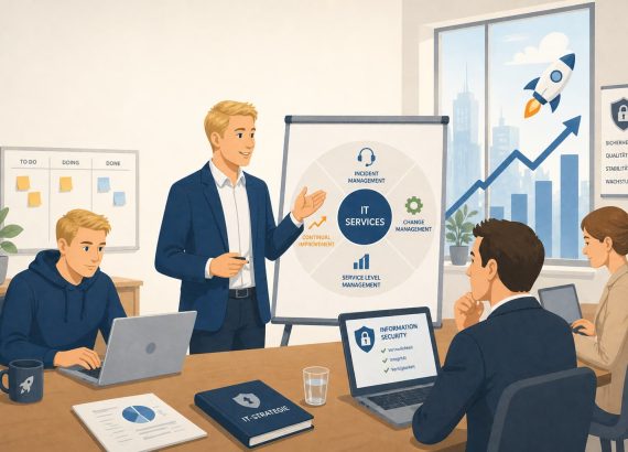 Teammeeting zu IT Service Management im FitSM Start-up Kontext mit Präsentation von FitSM Prozessen, wachsender Performance Grafik und Fokus auf Sicherheit und Skalierung