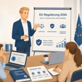 Illustration eines Workshops zur EU-Regulierung 2026 mit Präsentation zu Compliance, Risikomanagement und KI-Kompetenzaufbau im Unternehmenskontext