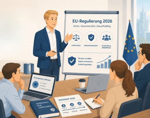Illustration eines Workshops zur EU-Regulierung 2026 mit Präsentation zu Compliance, Risikomanagement und KI-Kompetenzaufbau im Unternehmenskontext