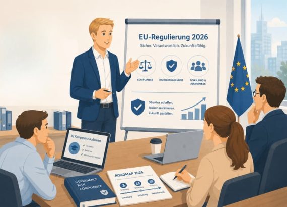 Illustration eines Workshops zur EU-Regulierung 2026 mit Präsentation zu Compliance, Risikomanagement und KI-Kompetenzaufbau im Unternehmenskontext