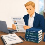 Junger Berufstätiger im blauen Sakko sitzt an einem Schreibtisch und prüft seine perfekte Bewerbung. Auf dem Tisch liegen Laptop, Notizbuch sowie Fachbücher zu ISO 27001, NIS2, Datenschutz, Cloud Security und KI. Die Illustration symbolisiert berufliche Weiterbildung, Zertifizierungen und bessere Karrierechancen.
