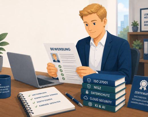 Junger Berufstätiger im blauen Sakko sitzt an einem Schreibtisch und prüft seine perfekte Bewerbung. Auf dem Tisch liegen Laptop, Notizbuch sowie Fachbücher zu ISO 27001, NIS2, Datenschutz, Cloud Security und KI. Die Illustration symbolisiert berufliche Weiterbildung, Zertifizierungen und bessere Karrierechancen.
