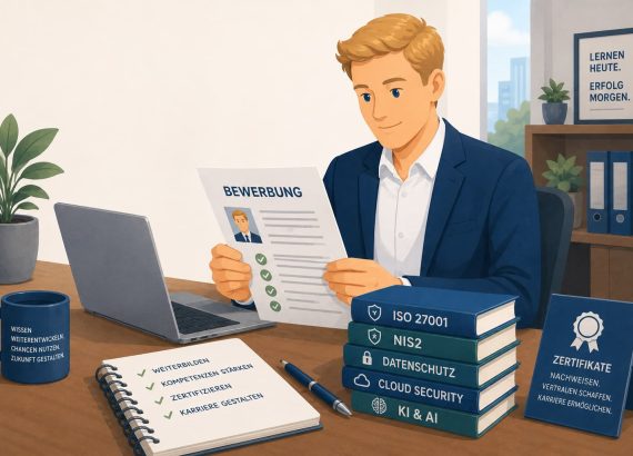 Junger Berufstätiger im blauen Sakko sitzt an einem Schreibtisch und prüft seine perfekte Bewerbung. Auf dem Tisch liegen Laptop, Notizbuch sowie Fachbücher zu ISO 27001, NIS2, Datenschutz, Cloud Security und KI. Die Illustration symbolisiert berufliche Weiterbildung, Zertifizierungen und bessere Karrierechancen.