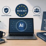 Minimalistische Illustration eines modernen Arbeitsplatzes mit Laptop, KI-Symbol, EU AI Act und einem KI-Führerschein. Das Bild steht für KI-Kompetenz, rechtssicherer KI-Einsatz und die Anforderungen des EU AI Act an Unternehmen.