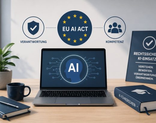 Minimalistische Illustration eines modernen Arbeitsplatzes mit Laptop, KI-Symbol, EU AI Act und einem KI-Führerschein. Das Bild steht für KI-Kompetenz, rechtssicherer KI-Einsatz und die Anforderungen des EU AI Act an Unternehmen.