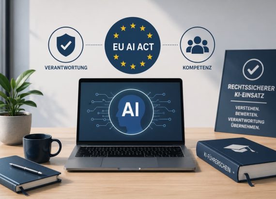 Minimalistische Illustration eines modernen Arbeitsplatzes mit Laptop, KI-Symbol, EU AI Act und einem KI-Führerschein. Das Bild steht für KI-Kompetenz, rechtssicherer KI-Einsatz und die Anforderungen des EU AI Act an Unternehmen.