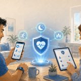 Der Datenschutz bei Gesundheits-Apps wird bildlich dargestellt durch 2 Menschen welche auf ihr Mobiltelfon schauen.