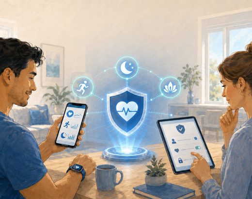 Der Datenschutz bei Gesundheits-Apps wird bildlich dargestellt durch 2 Menschen welche auf ihr Mobiltelfon schauen.