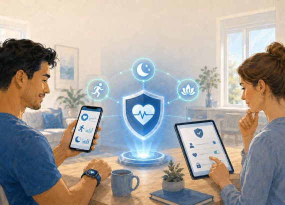 Der Datenschutz bei Gesundheits-Apps wird bildlich dargestellt durch 2 Menschen welche auf ihr Mobiltelfon schauen.
