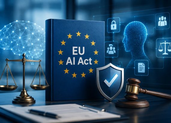Grafische Darstellung eines Gesetzbuches, dass den EU AI Act darstellt.