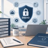 Titelbild für den Blogbeitrag: Datenschutzkonzept nach DSGVO. Zeig einen Schreibtischmit Dokumenten und Richtlinine. In Der Mitte ein Sicherheitsschild.