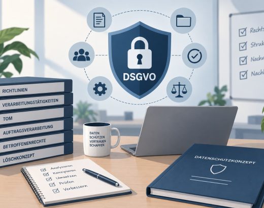Titelbild für den Blogbeitrag: Datenschutzkonzept nach DSGVO. Zeig einen Schreibtischmit Dokumenten und Richtlinine. In Der Mitte ein Sicherheitsschild.