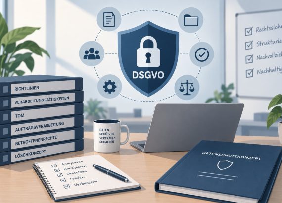 Titelbild für den Blogbeitrag: Datenschutzkonzept nach DSGVO. Zeig einen Schreibtischmit Dokumenten und Richtlinine. In Der Mitte ein Sicherheitsschild.