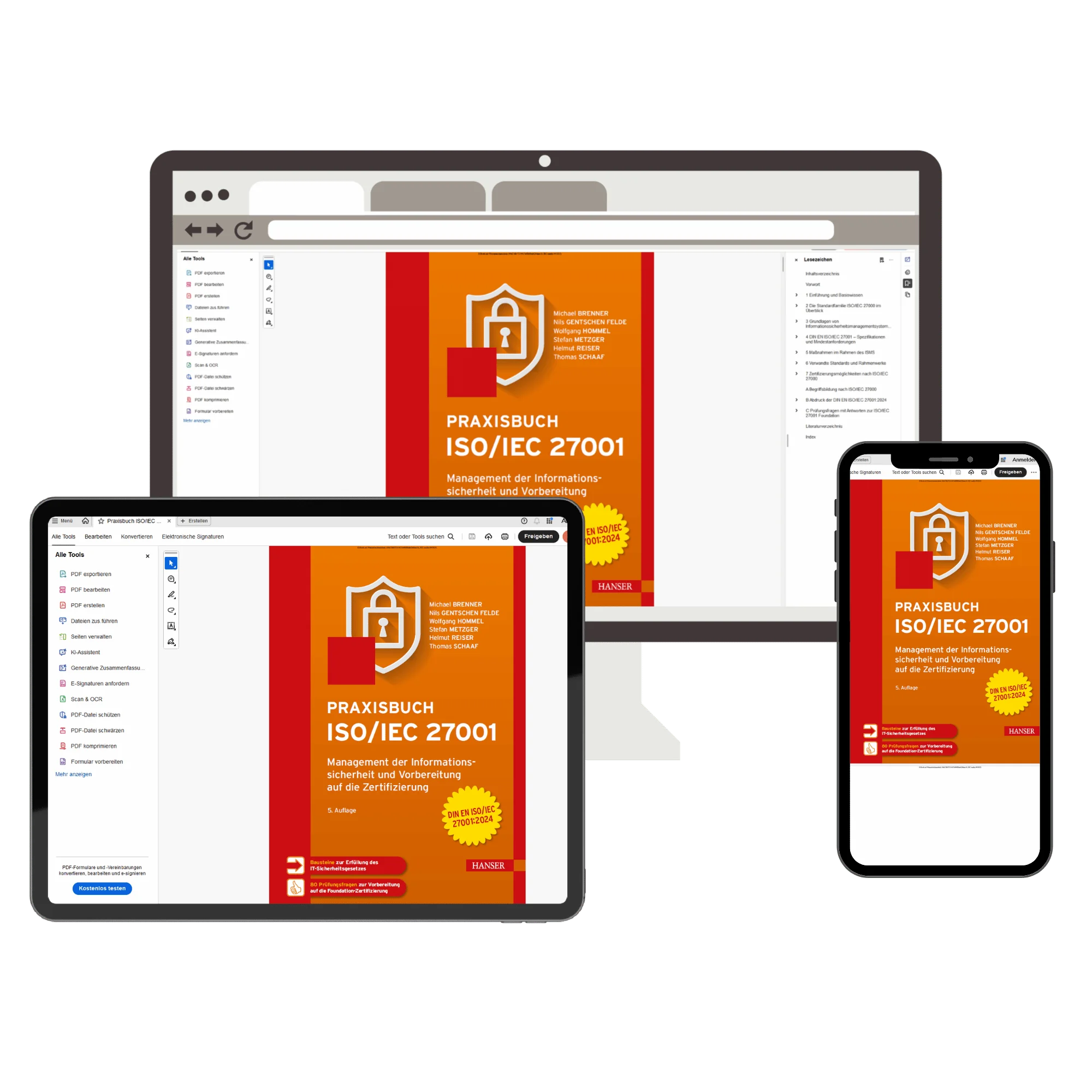 Darstellung des kostenlosen ISO IEC 27001 E Books im PDF Viewer auf Laptop, Tablet und Smartphone für Schulungen zur Informationssicherheit