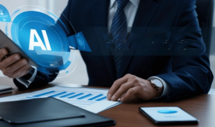 Führungskraft am Schreibtisch mit digitalem KI Symbol als Darstellung von Verantwortung, Steuerung und Governance von KI Systemen im Unternehmen