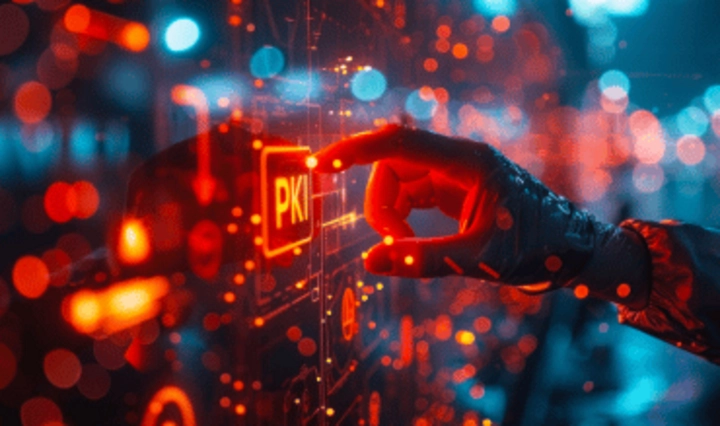 Futuristische Benutzeroberfläche mit Hand, die ein digitales "PKI"-Symbol berührt – symbolisiert digitale Zertifikate, Verschlüsselung und Public Key Infrastructure (PKI). Ideal für Schulungen im Bereich Zertifikate & PKI.