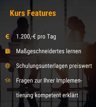 Kurs Features im Überblick. Die Grafik hebt Vorteile individueller Schulungen im professionellen Umfeld hervor.