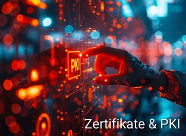 Futuristische Benutzeroberfläche mit Hand, die ein digitales "PKI"-Symbol berührt – symbolisiert digitale Zertifikate, Verschlüsselung und Public Key Infrastructure (PKI). Ideal für Schulungen im Bereich Zertifikate & PKI.