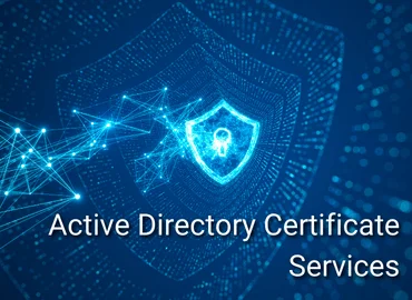 Digitales Schild mit Vorhängeschloss, umgeben von vernetzten Datenpunkten in Blau – Darstellung für Active Directory Certificate Services im Kontext von IT-Sicherheit und Zertifikatsverwaltung.