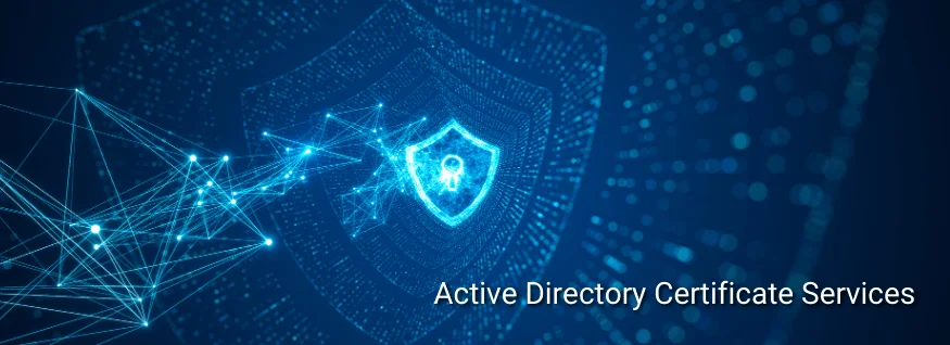 Digitales Schild mit Vorhängeschloss, umgeben von vernetzten Datenpunkten in Blau – Darstellung für Active Directory Certificate Services im Kontext von IT-Sicherheit und Zertifikatsverwaltung.