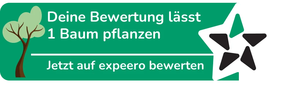 Grünes Partnerlogo mit Baum, Stern und Text: „Deine Bewertung lässt 1 Baum pflanzen – Jetzt auf expeero bewerten“. Symbol für nachhaltige Bewertungsaktion.