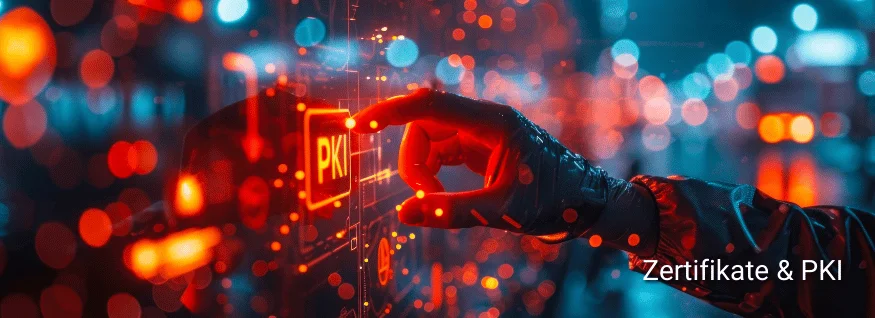 Futuristische Benutzeroberfläche mit Hand, die ein digitales "PKI"-Symbol berührt – symbolisiert digitale Zertifikate, Verschlüsselung und Public Key Infrastructure (PKI). Ideal für Schulungen im Bereich Zertifikate & PKI.
