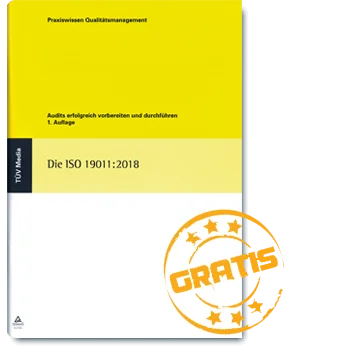 Buchcover mit gelbem und weißem Bereich, Titel „Die ISO 19011:2018“ sowie sichtbarem Qualitätssiegel – Darstellung einer Fachpublikation zum Qualitätsmanagement.