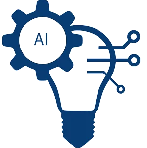 Glühbirne mit Zahnrad und Schaltkreislinien, im Zahnrad „AI“ – Symbol für KI-gestützte Lösungen oder ChatGPT-Schulung.