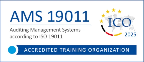 Zertifizierungslogo „AMS 19011 – Auditing Management Systems according to ISO 19011“ mit ICO-Signet, Jahreszahl 2025 und Hinweis „Accredited Training Organization“.