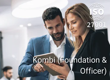 Zwei Personen betrachten gemeinsam ein Tablet, im Hintergrund ISO 27001-Siegel – Darstellung für ISO 27001 Kombi-Schulung (Foundation & Officer) im Bereich Informationssicherheitsmanagement.