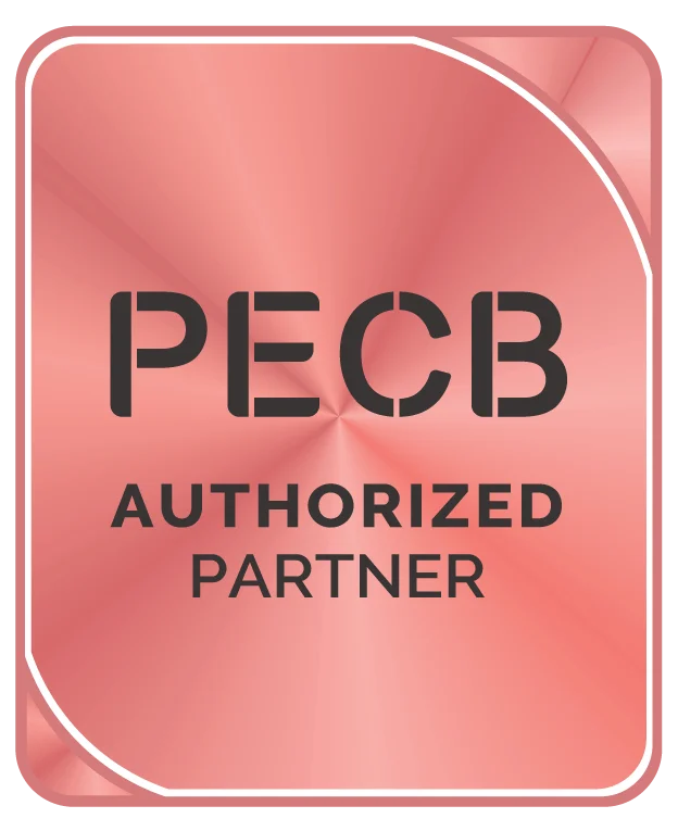 Zertifizierungsplakette mit der Aufschrift „PECB Authorized Partner“ auf glänzendem, roséfarbenem Hintergrund.
